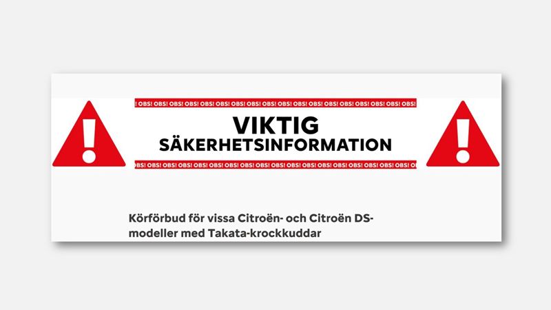Körförbud för vissa Citroën- och DS-modeller med Takata-krockkuddar